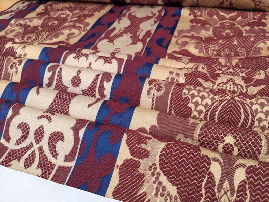 Scalamandre Renwick Gallery Wine Beige & Blue Stripe Smithsonian American Art Museum Damask Renaissance Cotton MSRP USD 444/y