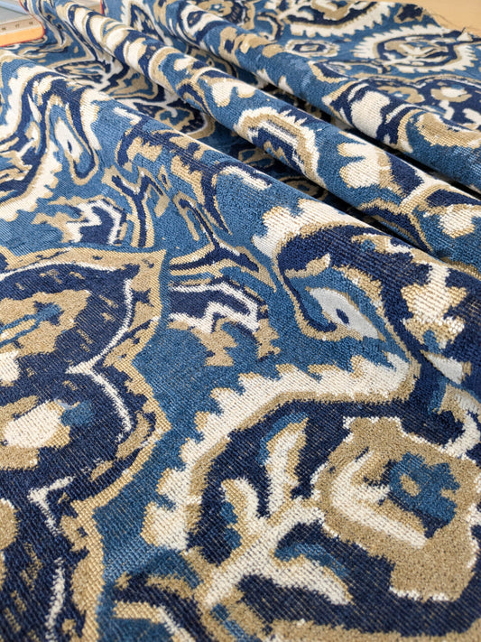 Scalamandre Oushak Linen Velvet Indigo Blue Brown Black Damask Art Deco MSRP US638/Y