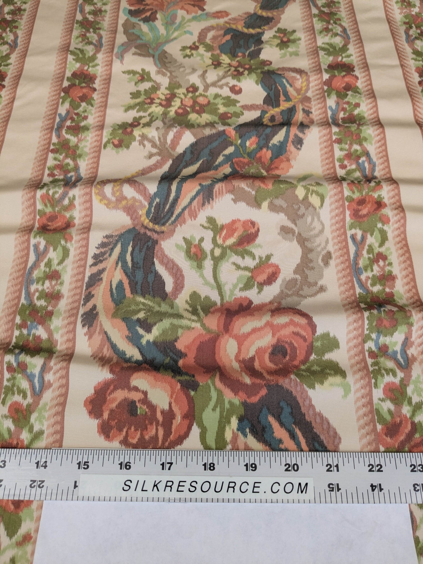 Scalamandre Tassinari & Chatel Stanislas Bordure Fond Creme Pink Blue Green Cream White Silk Floral Scroll Stripe MSRP USD 2968/y