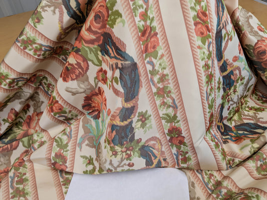 Scalamandre Tassinari & Chatel Stanislas Bordure Fond Creme Pink Blue Green Cream White Silk Floral Scroll Stripe MSRP USD 2968/y