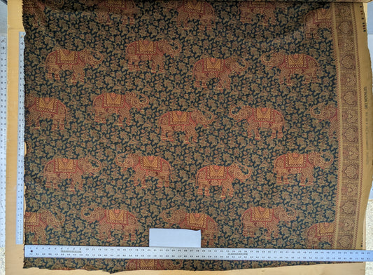 Scalamandre Grey Watkins Elephanta With Border Indian Midnight Green Brown Deep Blue Cotton Elephant Animals MSRP USD 276/y