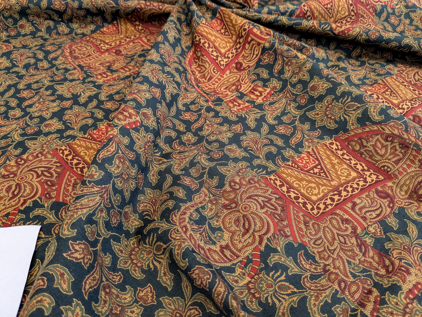 Scalamandre Grey Watkins Elephanta With Border Indian Midnight Green Brown Deep Blue Cotton Elephant Animals MSRP USD 276/y