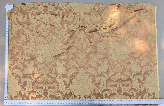Scalamandre Nashville Copper & Antique Gold 100% Silk Damask Chinoiserie Peony Flower Basket Circa 1830