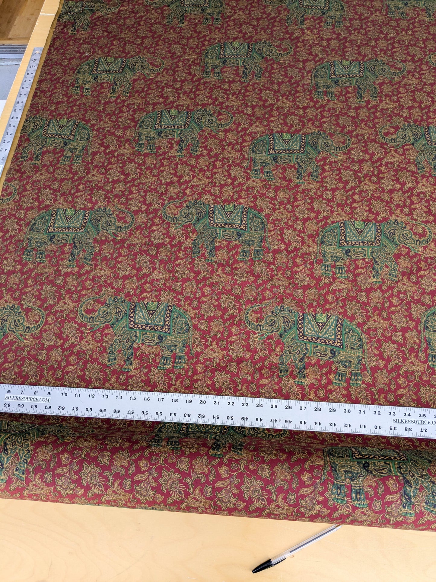 Scalamandre Elephanta With Border Garnet Red Brown Green Cotton Print Elephant Animals MSRP USD 276/y