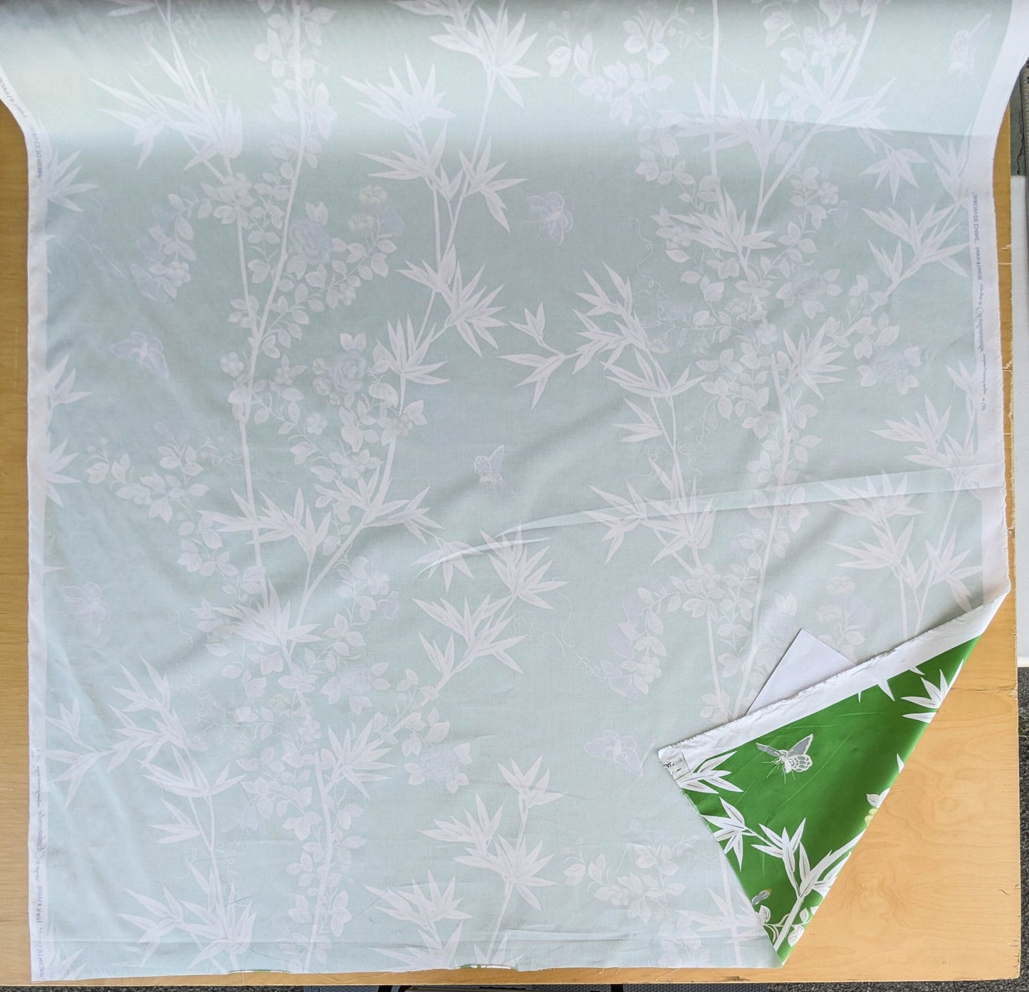 Scalamandre Jardin de Chine Print Jade Green White Cotton Bird Animal Botanical Foliage Chinoiserie Floral Bamboo Butterfly MSRP USD 388/y