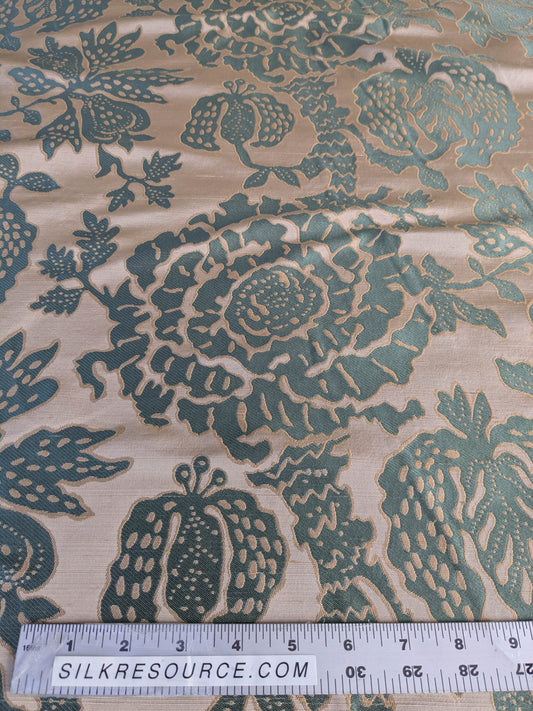 BTY 100% Silk Lampas Papercut Tree Of Life Pom "Aquamist" Aqua Blue Beige