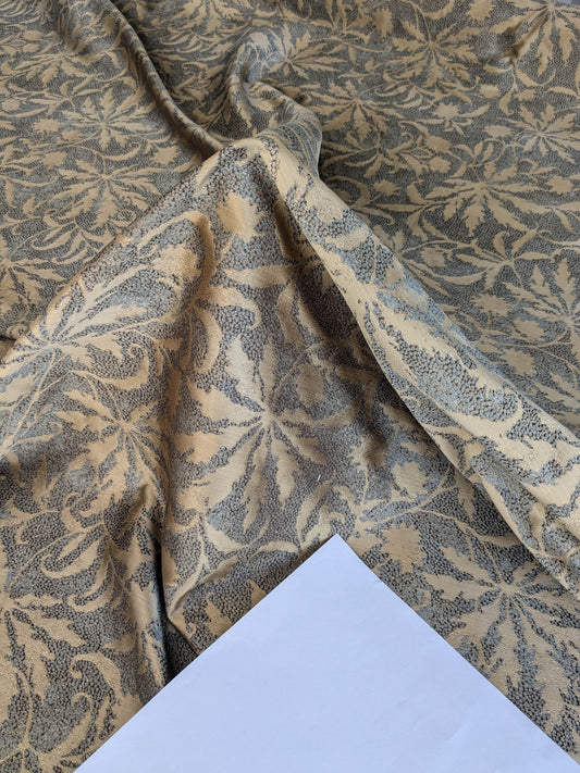by yard 100% Silk Jacquard Palm Japanese Maple Leaf Foliage Magic "Pool" Blue Brown