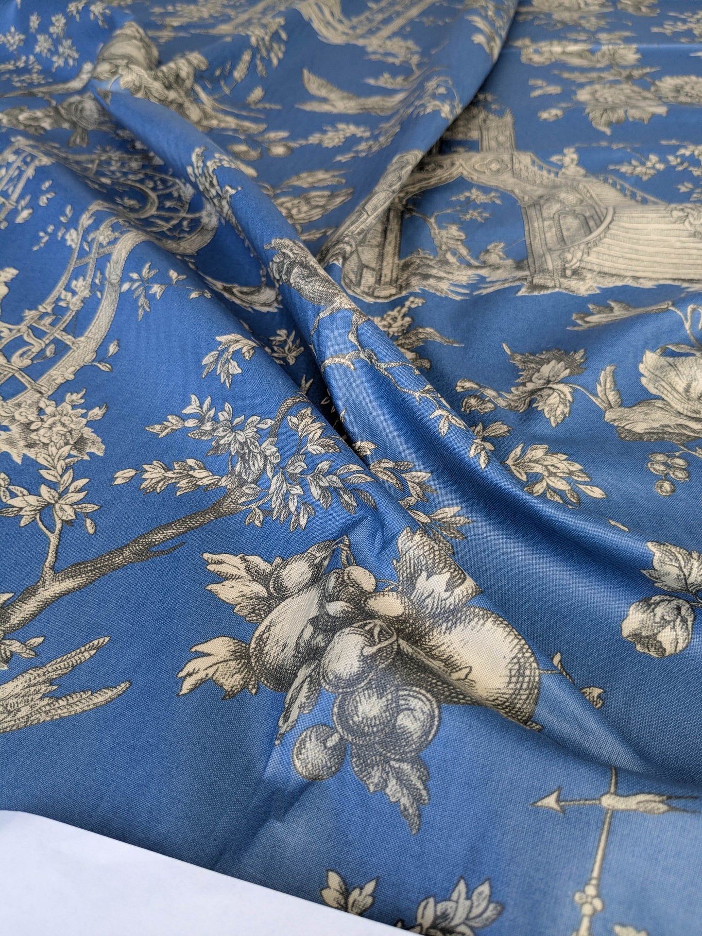 Honeymoon Dove Lovebird in Garden historical Toile Print Cotton Fabric - Blue - By The yard