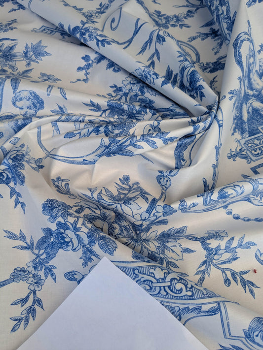 By yard Cavendish Hall Toile Print Historical Angel Cherubs Putti Dove Love Renaissance Toile de Jouy Blue on White