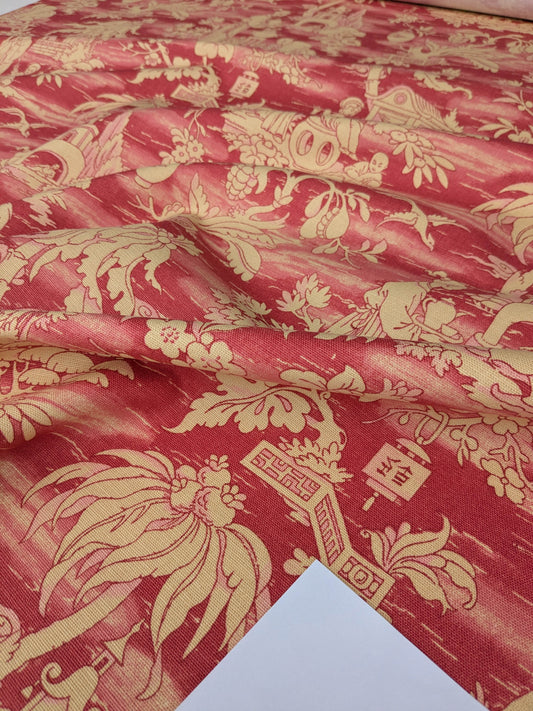 Printemps de Chinoise Chintz Garden Landscape Figure Rose Fabric -Pink Red Gold - By The Yard