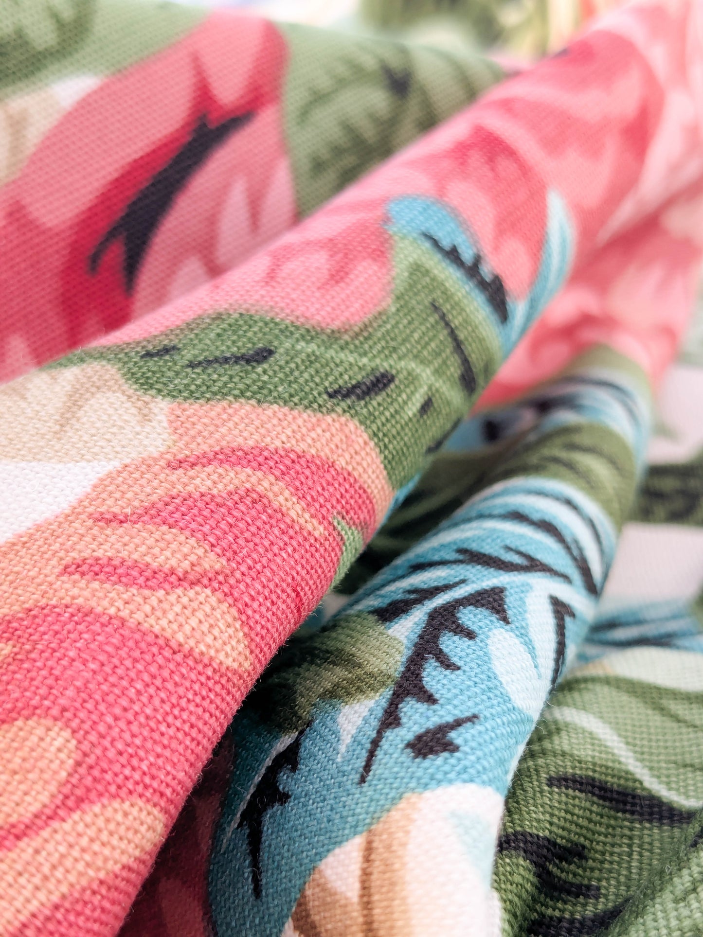 Historical Bella Flora Tropical Floral Chintz Linen Cotton Print Fabric- Pink on White - By The Yard