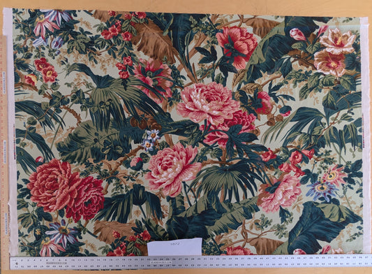 Historical Bella Flora Tropical Floral Chintz Linen Cotton Print Fabric- Pink on Green - By The Yard