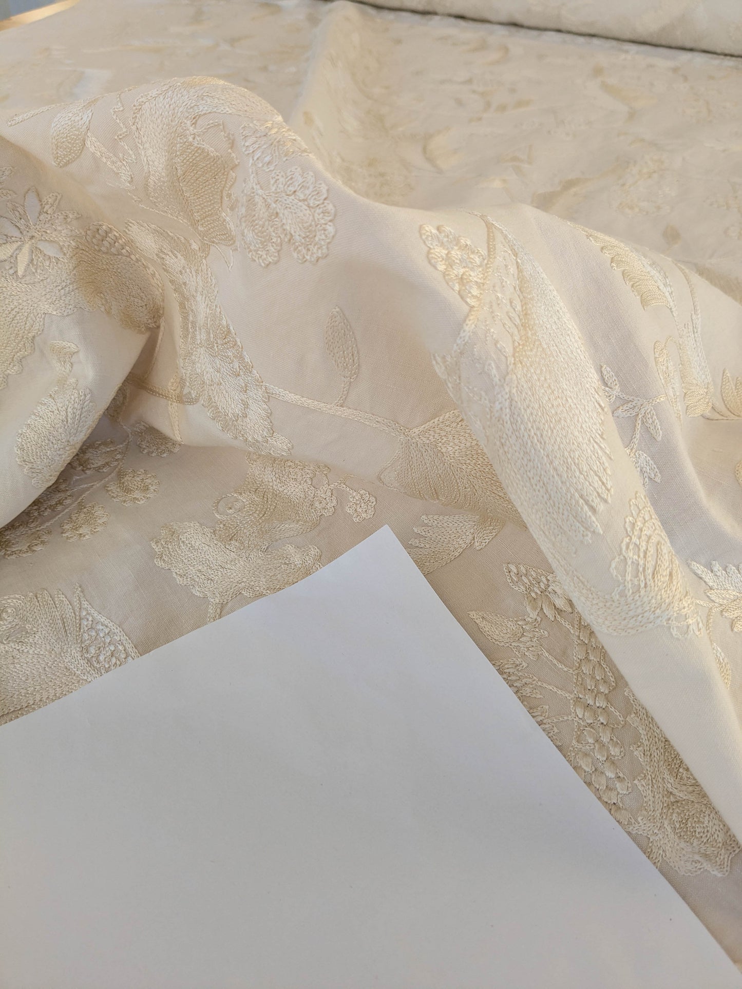 Dauphine Hand Embroidery Linen Cotton Crewel Bone China - White Cream - By The Yard