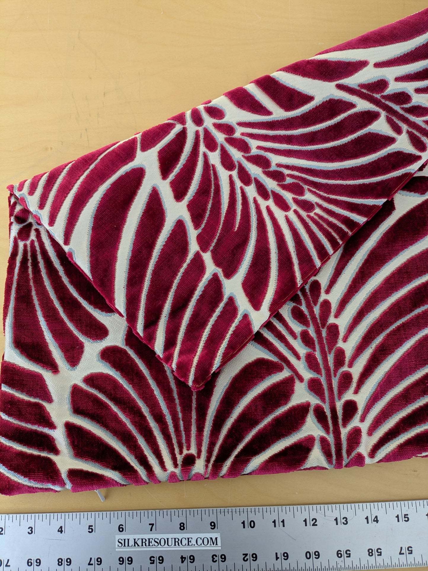 Scalamandre Plumes Silk Velvet Red White Silk Botanical Foliage - 21" x 21"