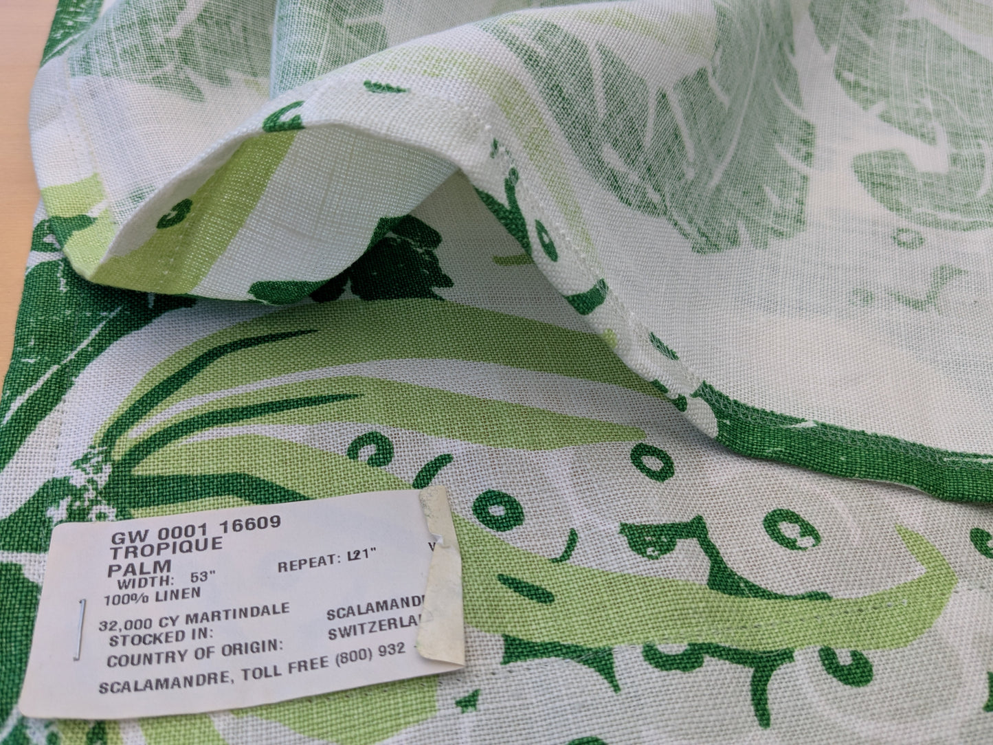 65 EV56 Scalamandre Grey Watkins 1.2 yards Tropique Palm Green White Tropical Botanical 100% Linen MSRP USD 558/y