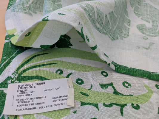 1.2 yards Scalamandre Grey Watkins Tropique Palm Green White Tropical Botanical 100% Linen MSRP USD 558/y - 65 EV56