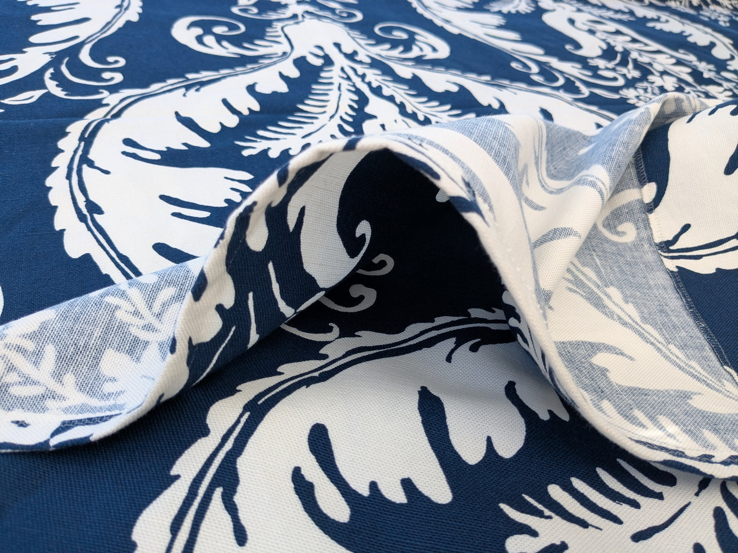 2.4 yards Scalamandre Primavera Linen Print Navy Blue White Cotton Damask Floral - MSRP USD 602/y
