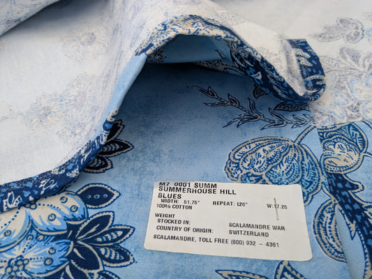 2.4 yards Scalamandre Summerhouse Hill Blues and White 100% Cotton Floral -MSRP USD 644/y