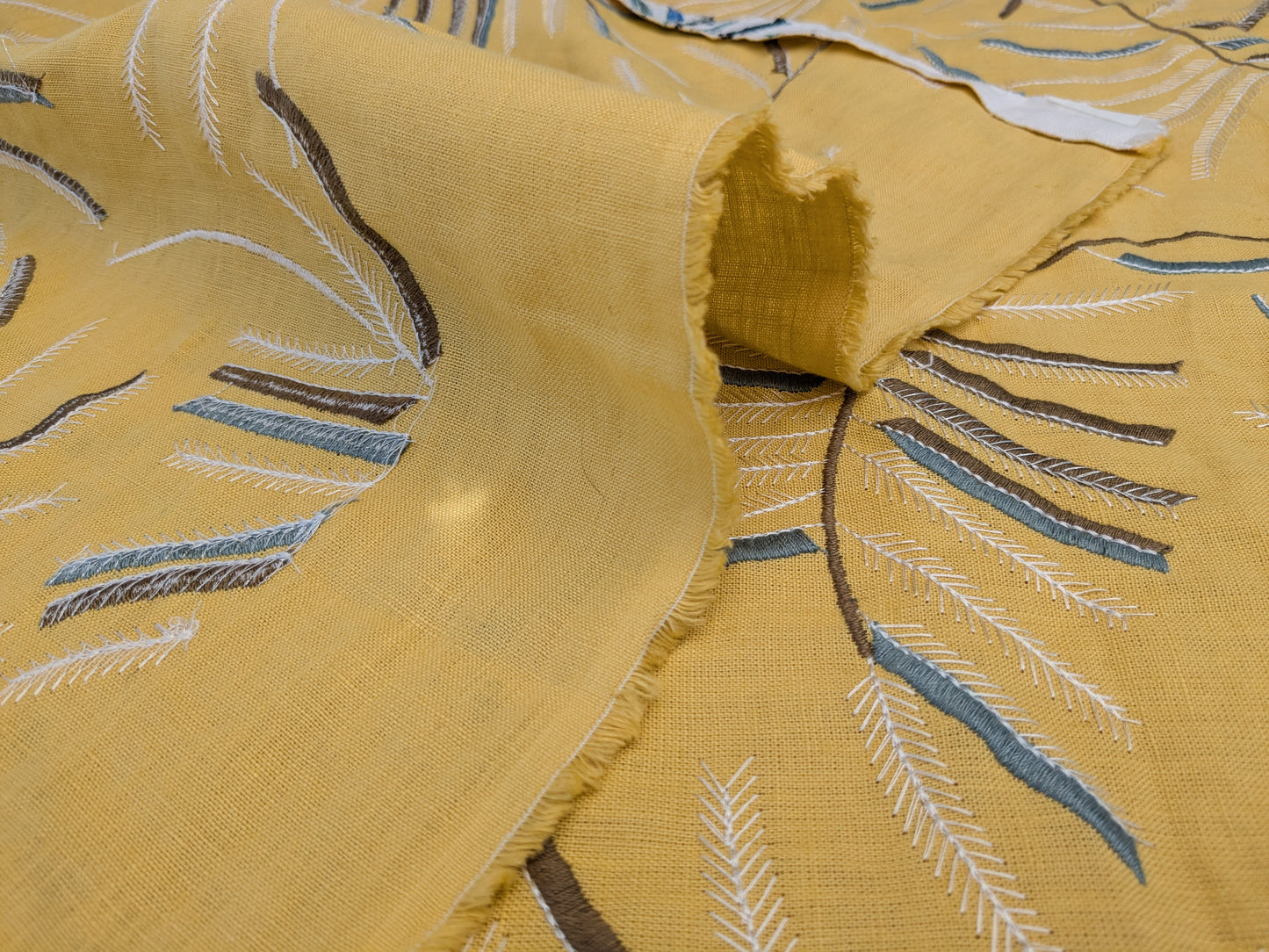 1.2 yards - Scalamandre Lelievre Mimosa Blue White on Yellow Embroidered Fern Foliage Linen