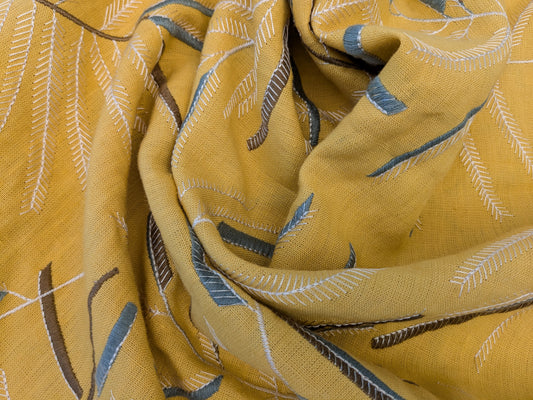 1.2 yards - Scalamandre Lelievre Mimosa Blue White on Yellow Embroidered Fern Foliage Linen