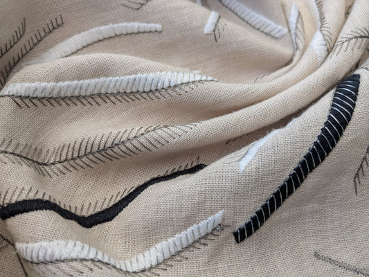 1.1 yards - Scalamandre Lelievre Mimosa White Black on Beige Embroidered Fern Foliage Linen