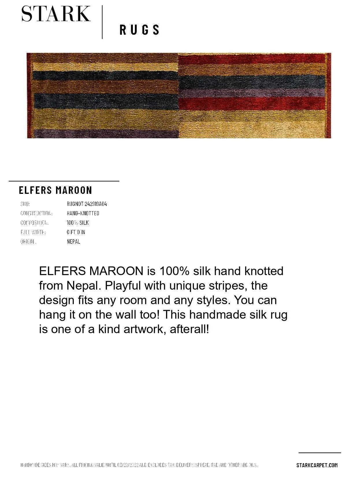 Stark Elfers Maroon Stripe 100% Silk Rug 4x6' Red Gold Black Stripe MSRP $2400