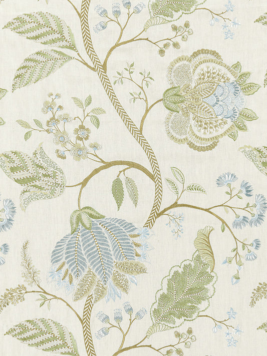 Scalamandre Palampore Embroidery Summer Sage Green Blue Beige Jacobean Tree of Life Linen Viscose MSRP USD420/y