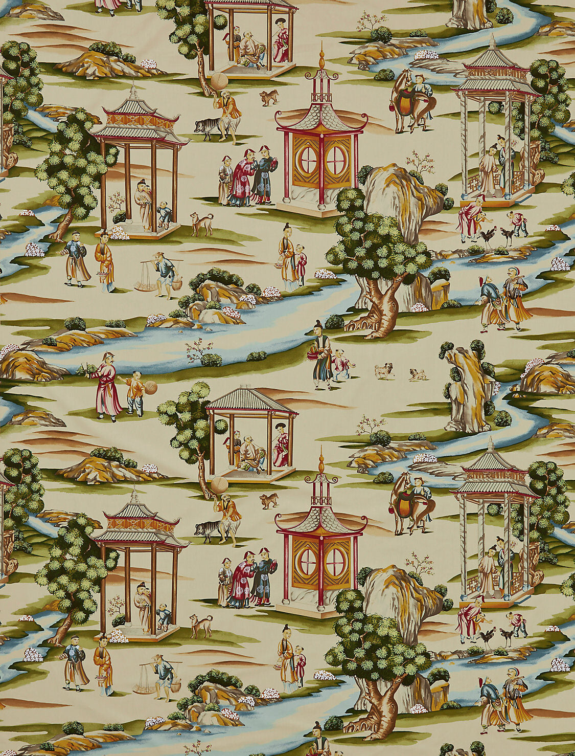 BY Yard Scalamandre Shanghai Multi On Tea Stain Chinoisery Painting Printed Cotton MSRP USD584/Y Asian Landscape Special Order