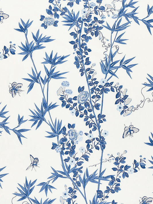 Scalamandre Jardin de Chine Print Porcelain Blue White Cotton Bird Animal Botanical Foliage Chinoiserie Floral Bamboo Butterfly MSRP USD 388/y