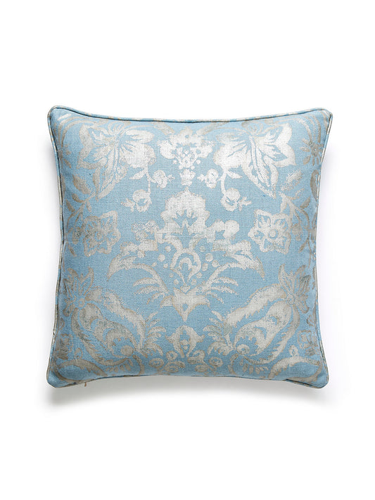 Scalamandre Mansfield Damask Print 22 X 22 - Bluestone & Silver Decorative Pillow