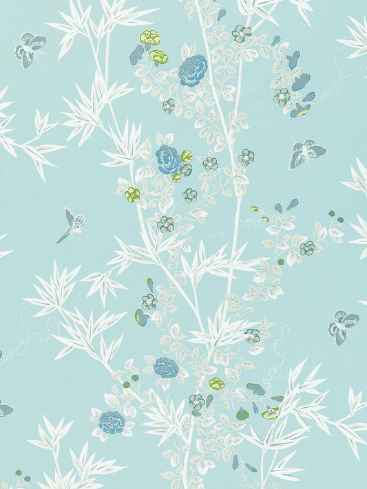 Scalamandre Jardin de Chine Print Ceil Light Blue White Cotton Bird Animal Botanical Foliage Chinoiserie Floral Bamboo Butterfly MSRP USD 388/y