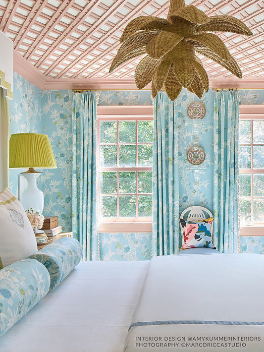 Scalamandre Jardin de Chine Print Ceil Light Blue White Cotton Bird Animal Botanical Foliage Chinoiserie Floral Bamboo Butterfly MSRP USD 388/y