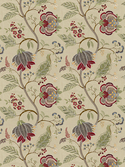 Scalamandre Palampore Embroidery Cinnamon Light Brown Red Green Blue Jacobean Tree of Life Linen Viscose MSRP USD420/y