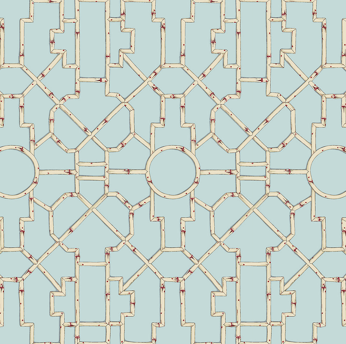 Scalamandre Baldwin Bamboo Cream & Red on Aqua Wallcovering