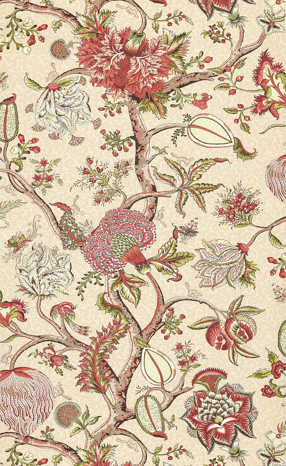 Scalamandre Pondicherry Turkey Red on Lime Fern Wallcovering