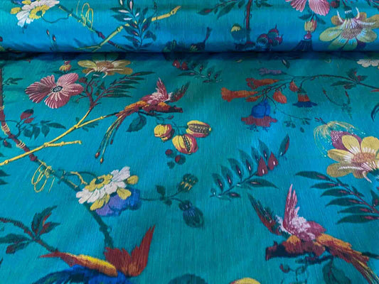 Scalamandre Paradiso Turquoise Blue Bird Tropical Floral Silk Warp Print Fr France MSRP USD 450/Y