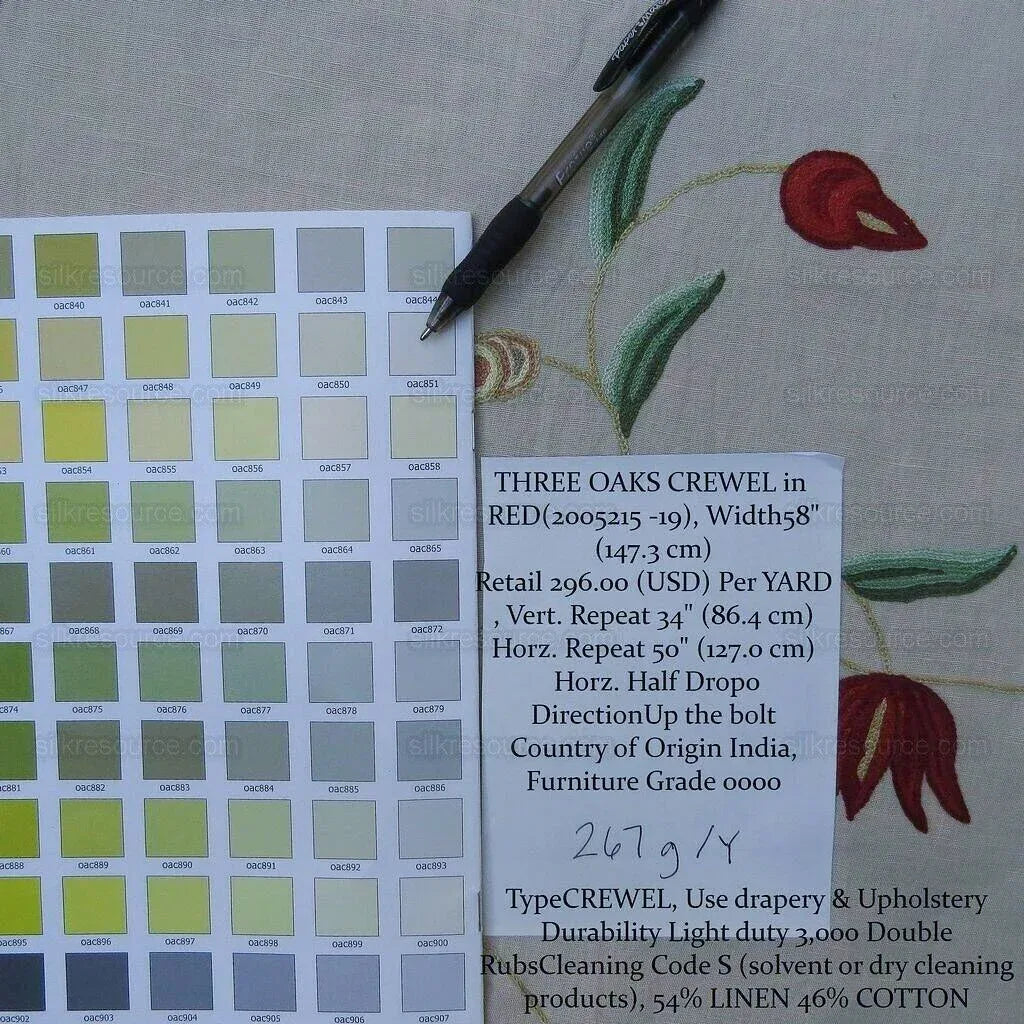 By Yd Lee Jofa Three Oaks Crewel Embroidery Red Green Flower Natural Linen Cotton Hand Made MSRP USD 296/Y