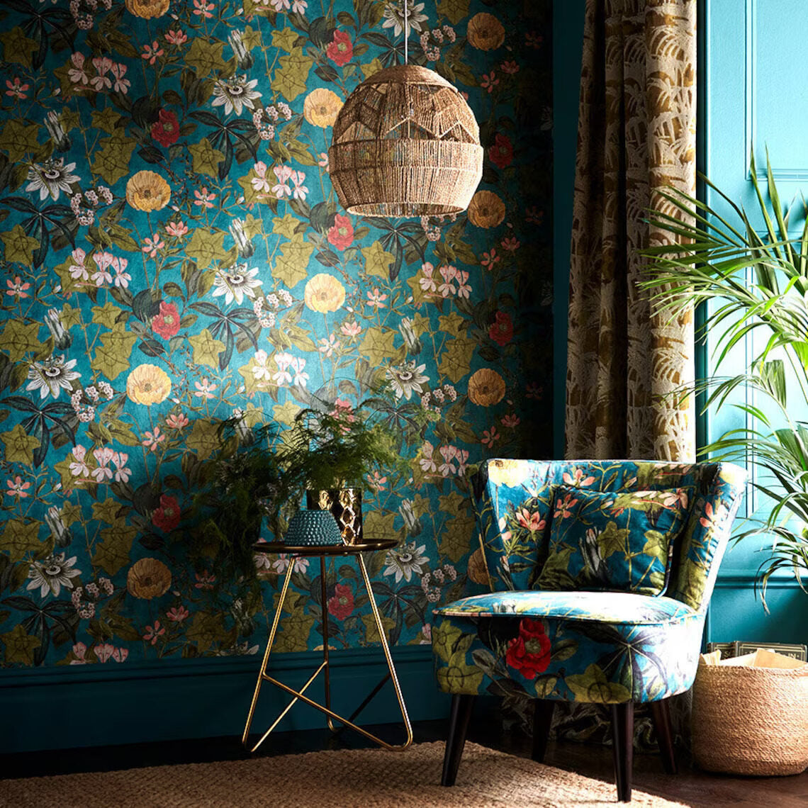 By Yard LEE JOFA KRAVET Passiflora Kingfisher Botanical Wildflowers Foliage Velvet Fabric Cyan Blue Multi