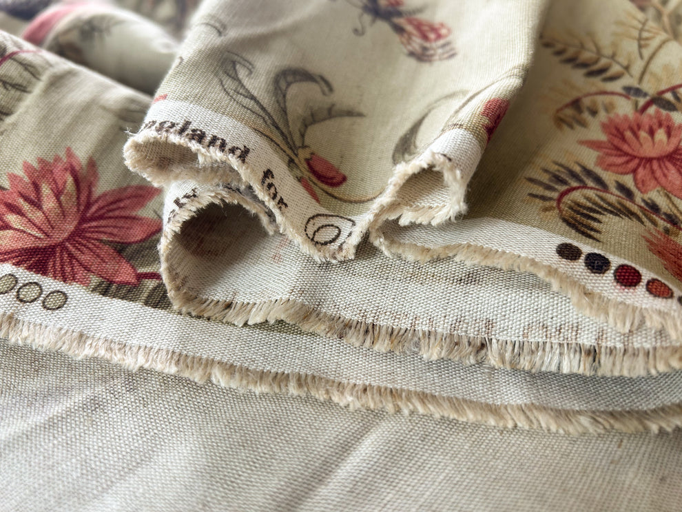 Vervain Pajaro Exotico Print Fabric In Document Beige Light Brown Red Pink Linen Cotton 2.8 Yards MSRP$156/Y