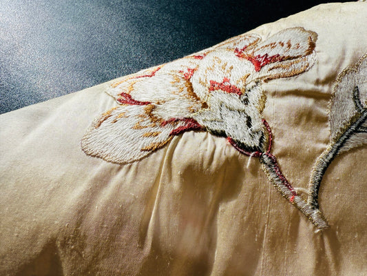 Lee Jofa Danthe Silk Embroidery Chinoisery Bird Flower Tree Peony Pomegranate pink Red Green on Cream MSRP USD 596/y