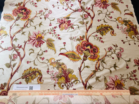 Scalamandre Baradi Blossom On Chablis Pink Jacobean Palampore Tree Of Life Printed Silk Pink Green On Cream White MSRP USD 192/y
