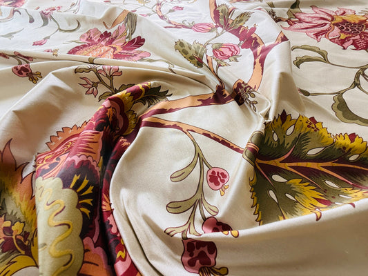 Scalamandre Baradi Blossom On Chablis Pink Jacobean Palampore Tree Of Life Printed Silk Pink Green On Cream White MSRP USD 192/y