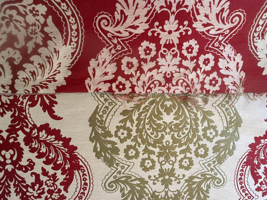 by yard Lee Jofa Mulberry Home Staveley Damask Ruby Olive Green Red White Floral Stripe MSRP USD 196/y