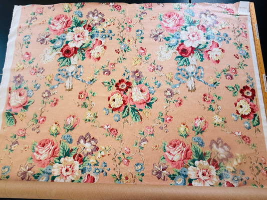 Scalamandre Fonthill Chatsworth Chintz Salmon Pink Blue Red Green Multi Color Rose Peony Bouquet with Ribbon English Garden Historical Prints Bouquet $364/y