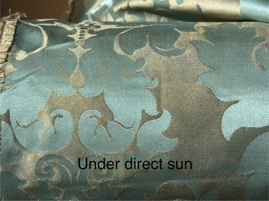 100% Silk Damask Aqua Blue Celadon & Taupe Renaissance Dye Stained