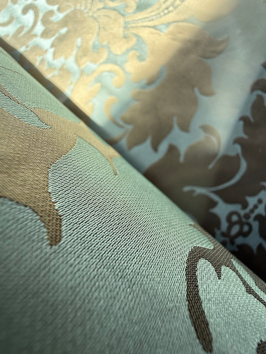 100% Silk Damask Aqua Blue Celadon & Taupe Renaissance Dye Stained