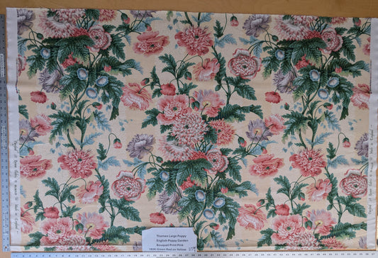 Thames Large English Garden Bouquet Line Print Fabric - Pink Green Red on Yellow - By The Yard