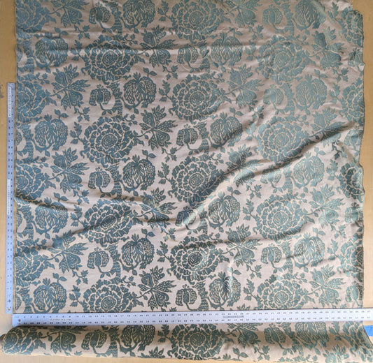 BTY 100% Silk Lampas Papercut Tree Of Life Pom "Aquamist" Aqua Blue Beige