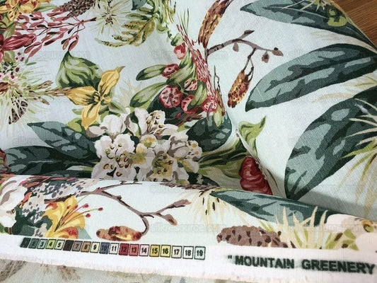 Scalamandre Mountain Greenery Linen Print Icy Green Blue Rhododendron, Lily, Pine & Wild Chrysanthemum MSRP USD 504