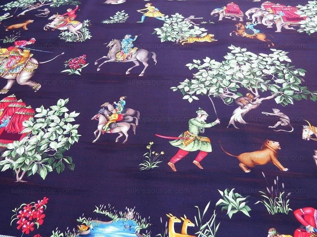 By yard Scalamandre Shah Jahan Chocolate Brown Lion Elephant Monkey Deer Rabbit Print Hunting India Mughal Emperor MSRP USD 332Y
